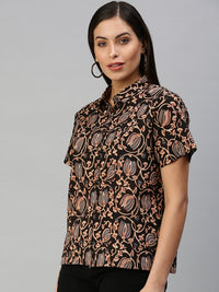 De Moza Women's Printed Half Sleeve Shirt Brown