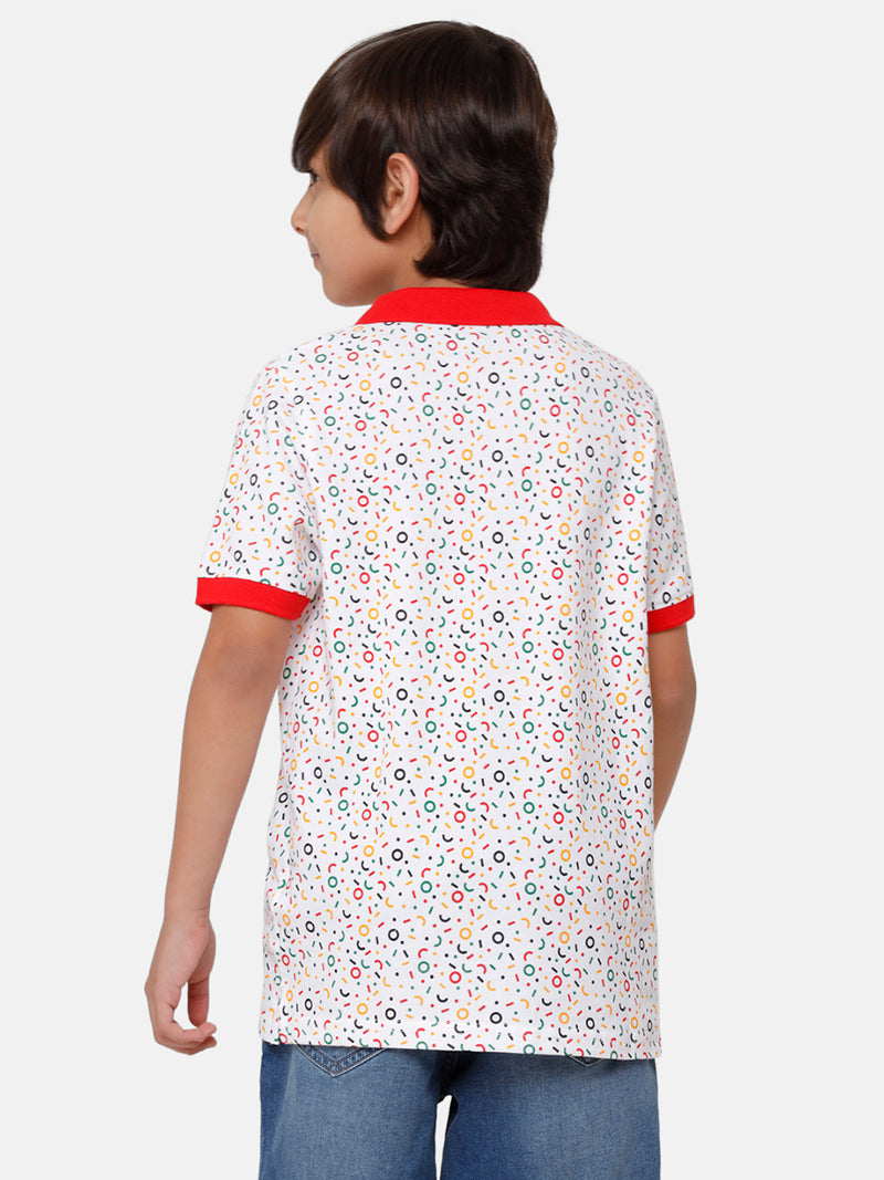 Kids - Boys Printed Half Sleeve T-Shirt White+Red