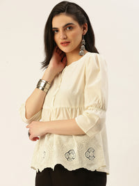 De Moza Women Sciffly Top Embroidery Cotton Offwhite - De Moza