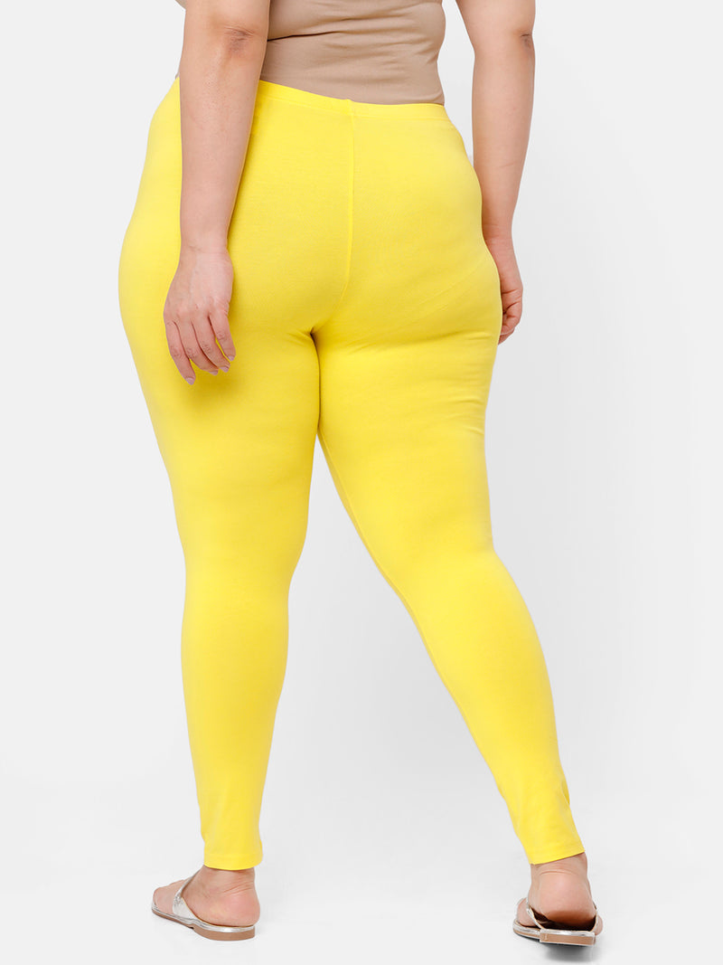 De Moza Ladies Plus Ankle Length Leggings Solid Cotton Lemon Yellow - De Moza
