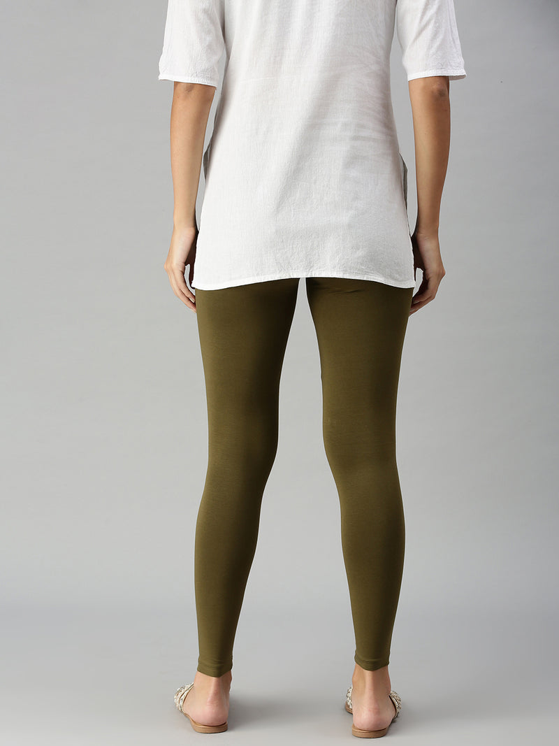 De Moza Ladies Ankle Length Leggings Solid Cotton Olive Green - De Moza