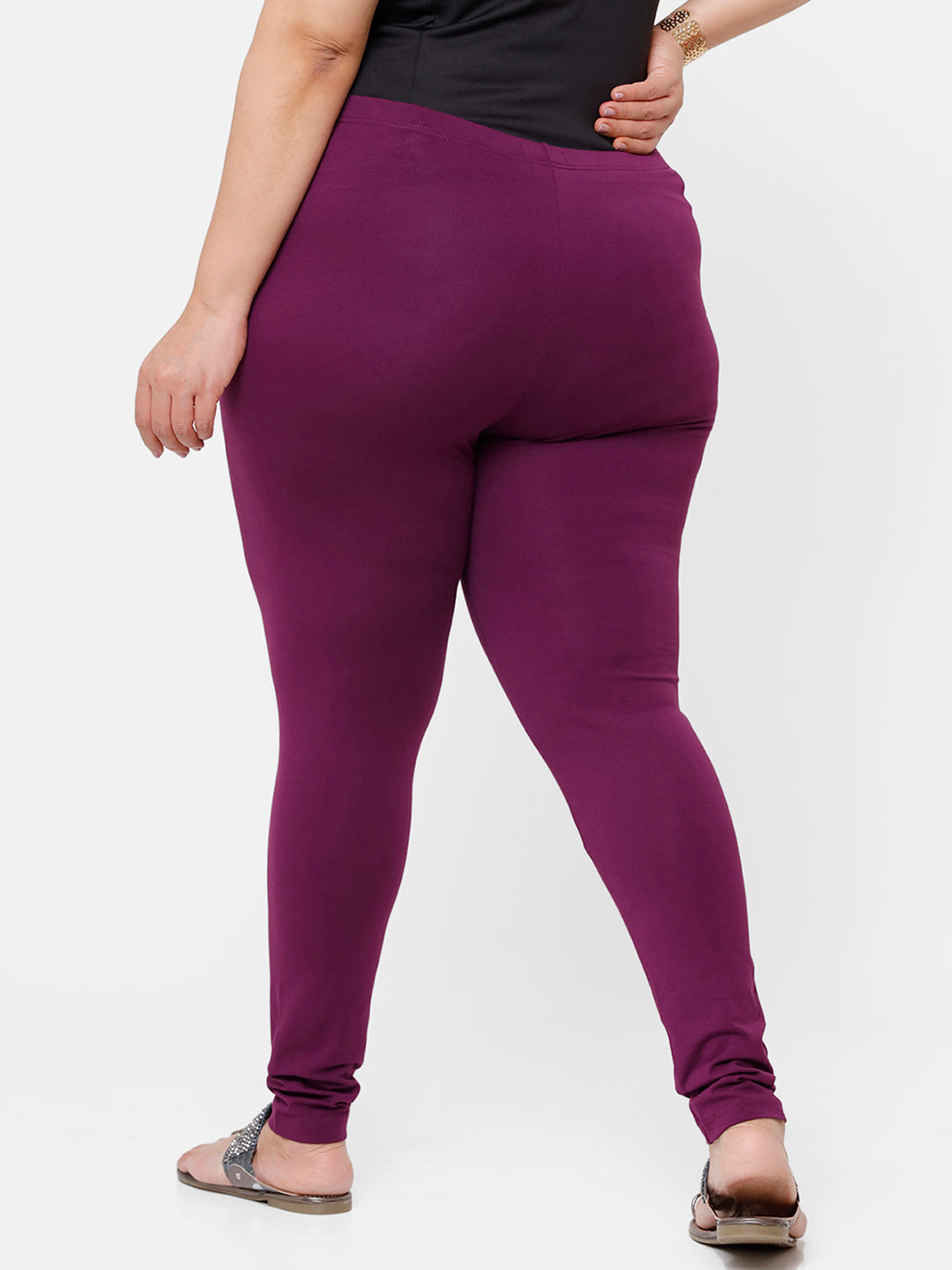De Moza Ladies Plus Ankle Length Leggings Solid Cotton Dark Purple - De Moza