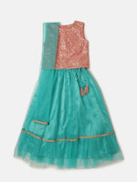 Pipin Girls Printed Lehanga Set Aqua Pink