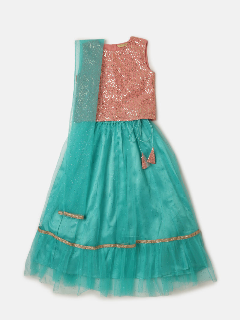 Pipin Girls Printed Lehanga Set Aqua Pink