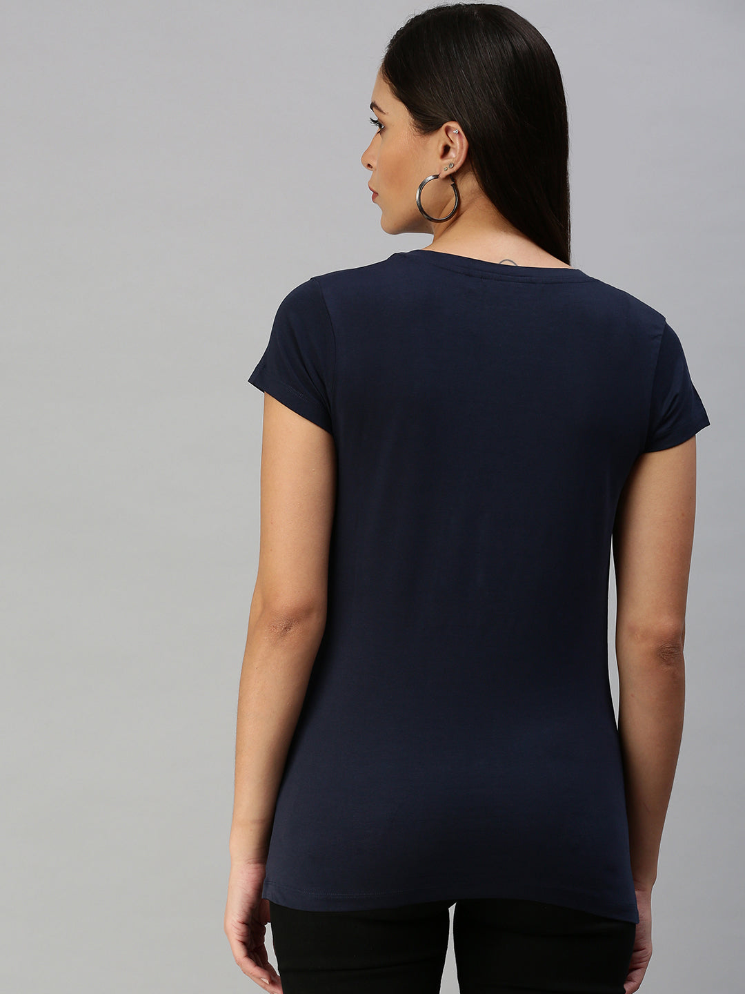 De Moza Womens Half Sleeve Knit Top Solid Cotton Dark Navy Blue - De Moza