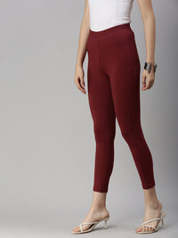 De Moza Womens 7/8Th Length Leggings Solid Cotton Maroon - De Moza