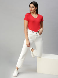 De Moza Womens Half Sleeve Knit Top Solid Cotton Red - De Moza