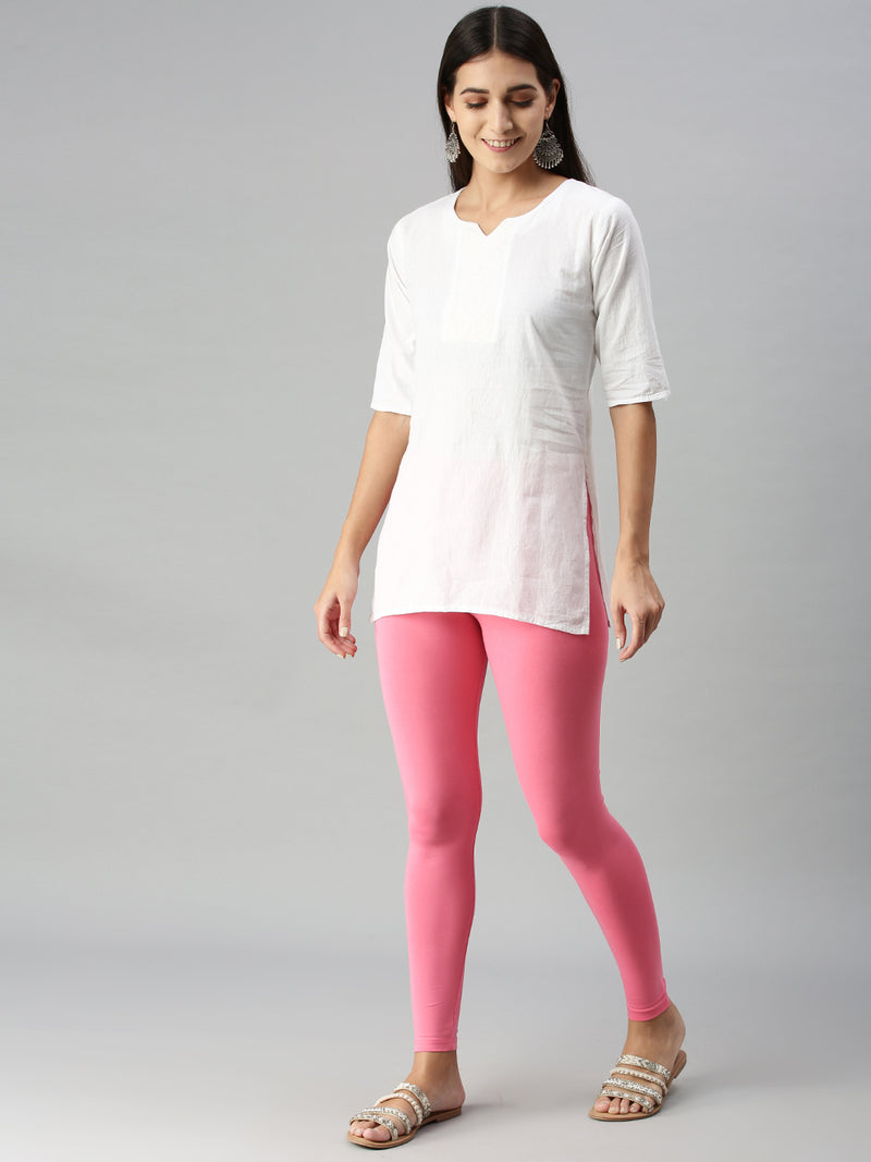 De Moza Ladies Ankle Length Leggings Solid Cotton Rani Pink - De Moza