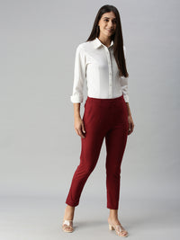 De Moza Ladies CigDe Moza Women's Cigarette Pant Maroonarette Pant  Solid Cotton Maroon - De Moza