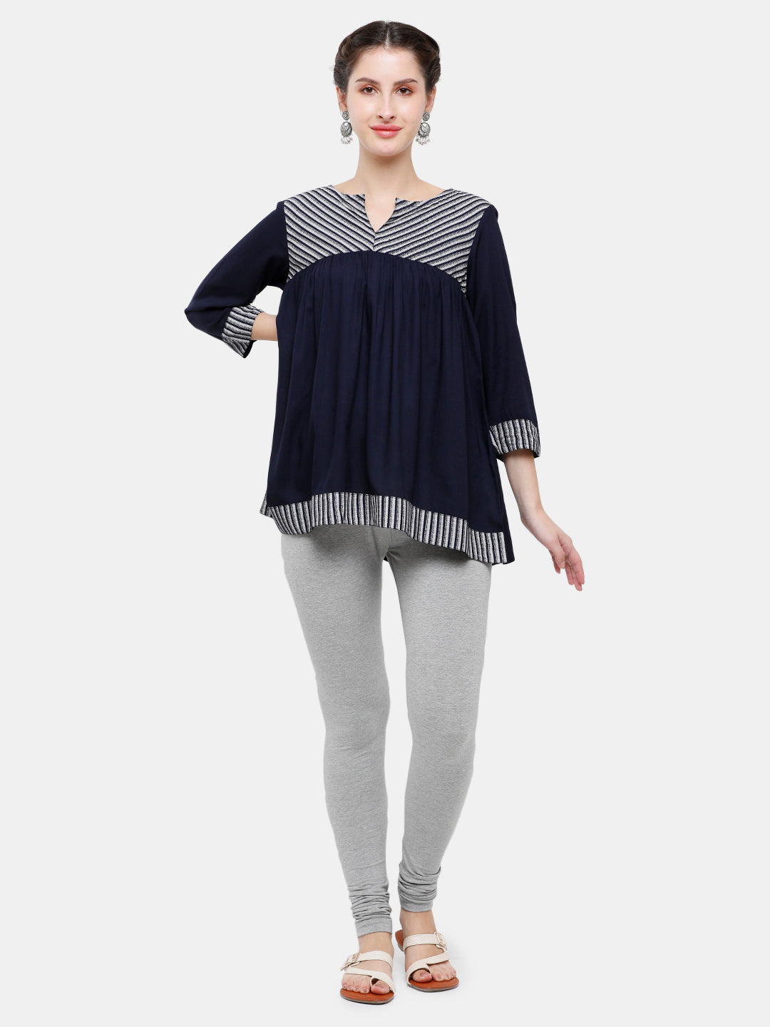 De Moza Ladies Leggings Ankle Length Solid Cotton Grey Melange - De Moza