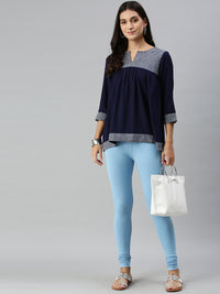 De Moza Ladies Churidar Leggings Solid Cotton Sea Blue - De Moza