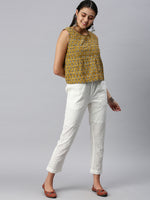 De Moza Womens Printed Peplum Top Cotton Mustard - De Moza