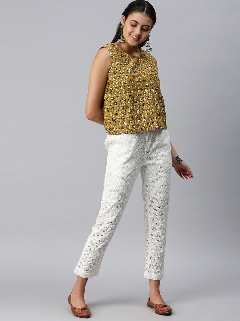 De Moza Womens Printed Peplum Top Cotton Mustard - De Moza