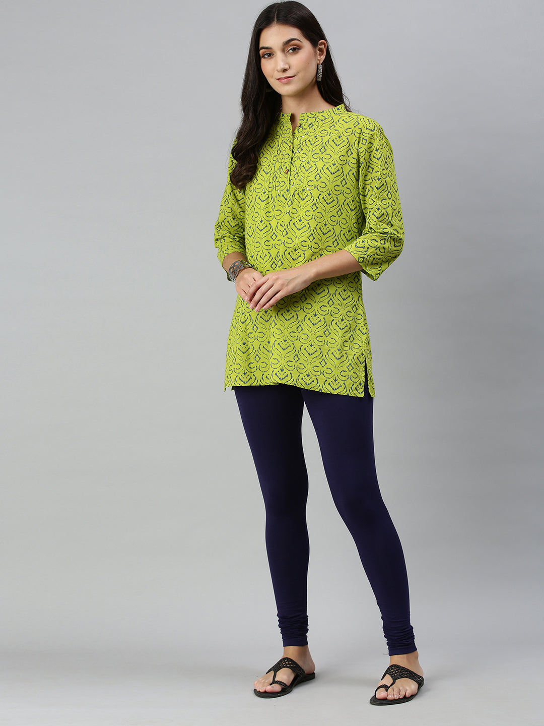 De Moza Ladies Churidar Leggings Solid Cotton Navy Blue - De Moza