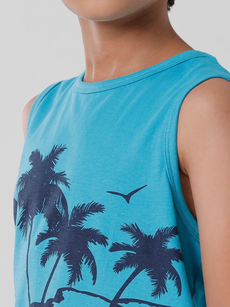 Kids - Boys Printed Sleeve Less T-Shirt Blue 