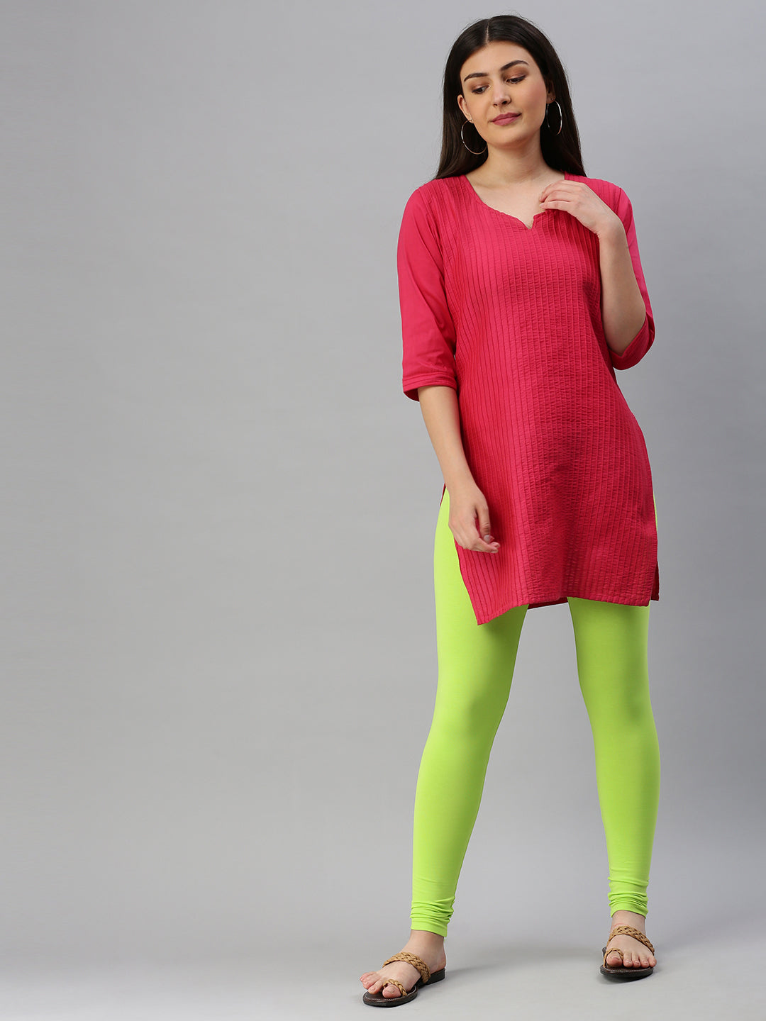 De Moza Ladies Leggings Ankle Length Solid Cotton Leaf Green - De Moza