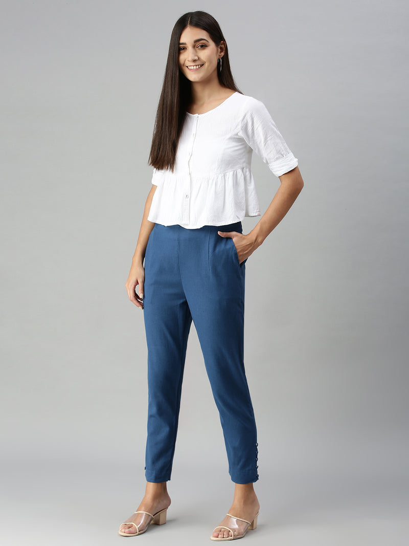 Navy Blue Wool Blends high waisted flat-front Cigarette Pants | Sumissura