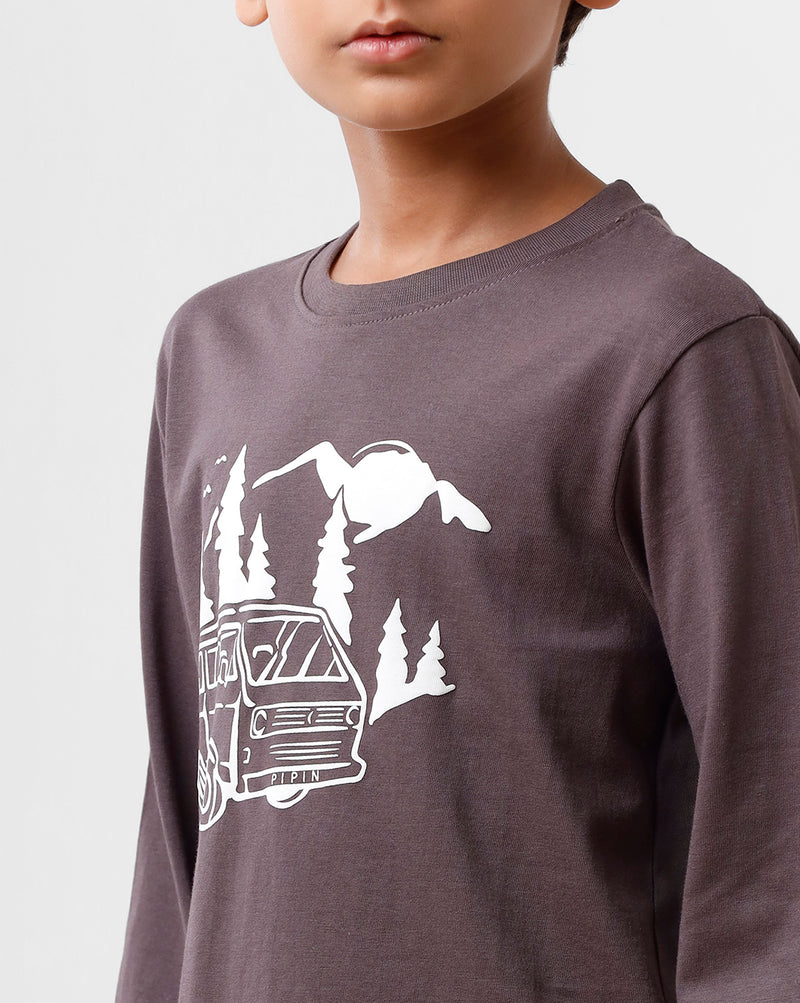 Kids - Boys Printed Full Sleeve T-Shirt Dark Grey