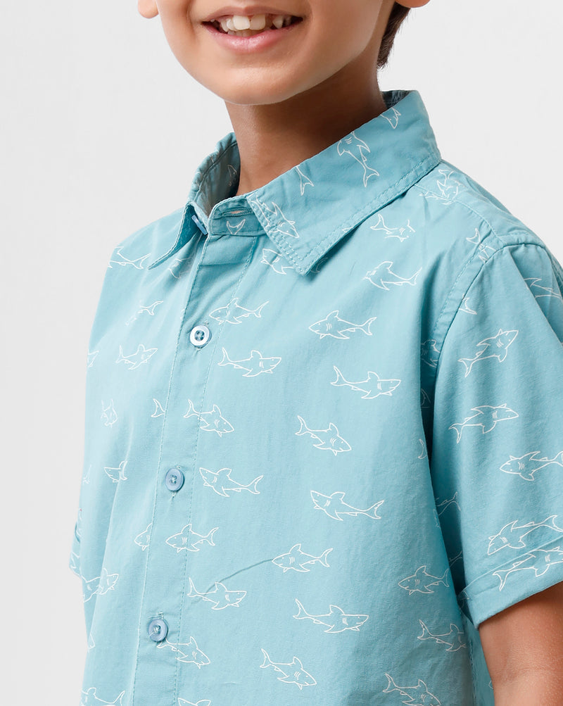 PIPIN Boys Shirt All Over Print Cotton Aqua - De Moza