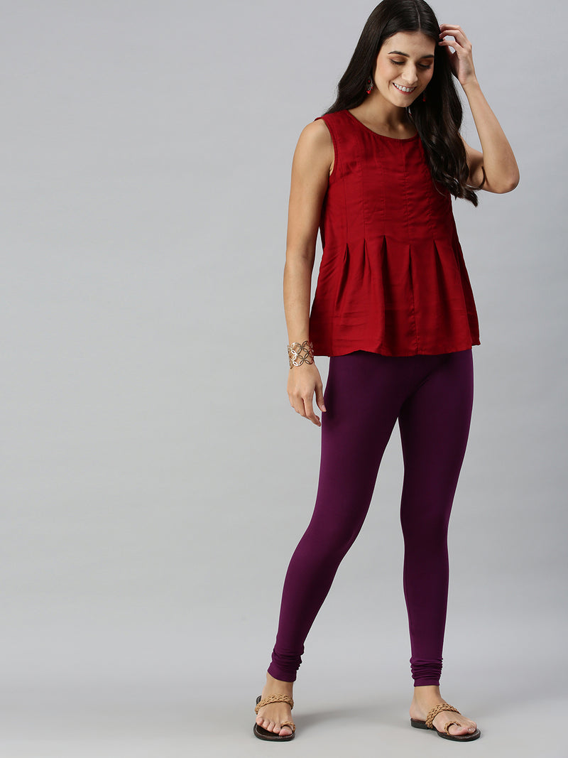 De Moza Ladies Churidar Leggings Solid Cotton Dark Purple - De Moza