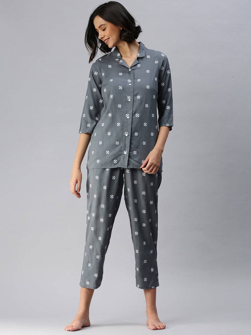 De Moza Ladies Printed Pyjama Set Grey