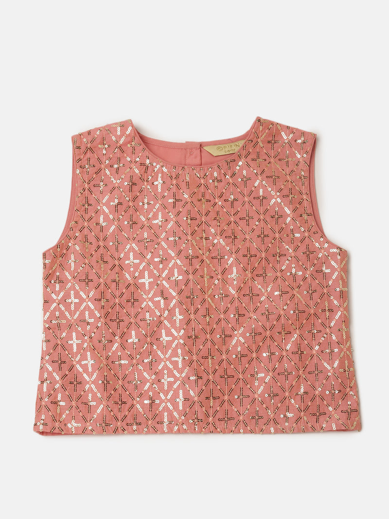 Pipin Girls Printed Lehanga Set Aqua Pink