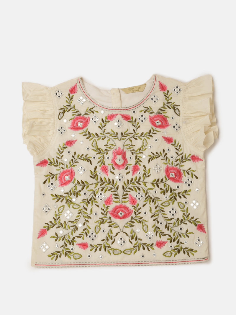 Pipin Girls Printed Lehanga Set Light Olive