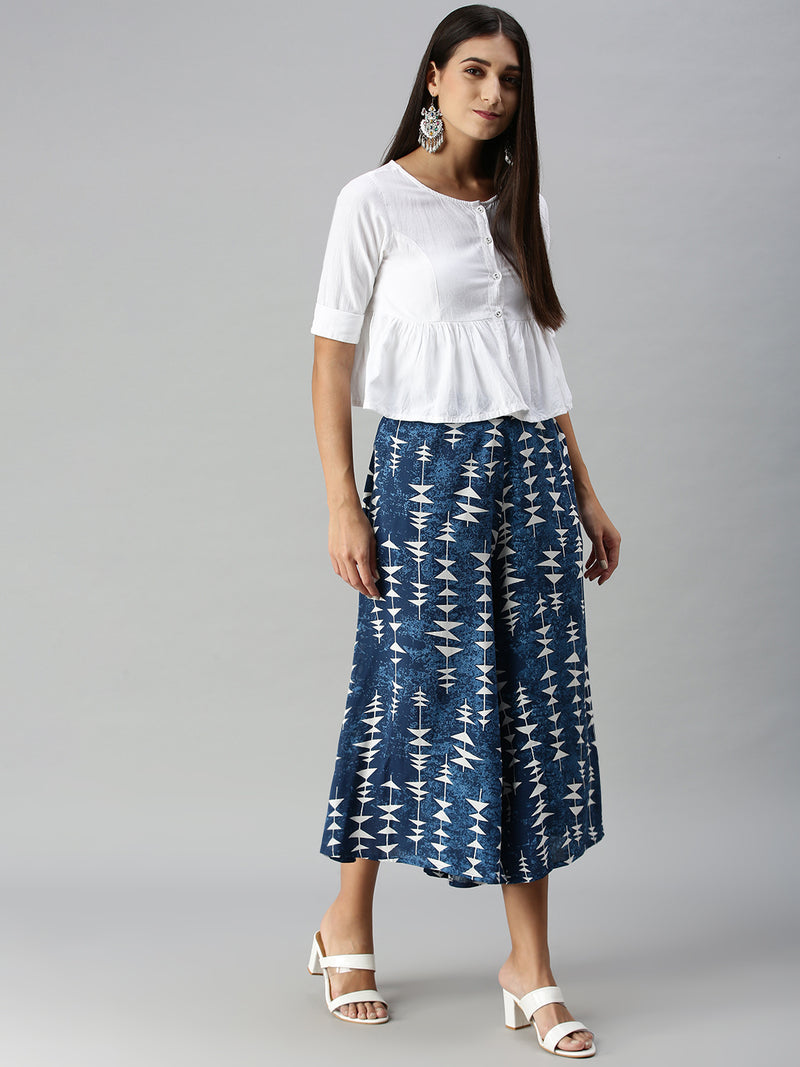 DeMoza Ladies Printed Culottes Rayon Indigo Blue - De Moza