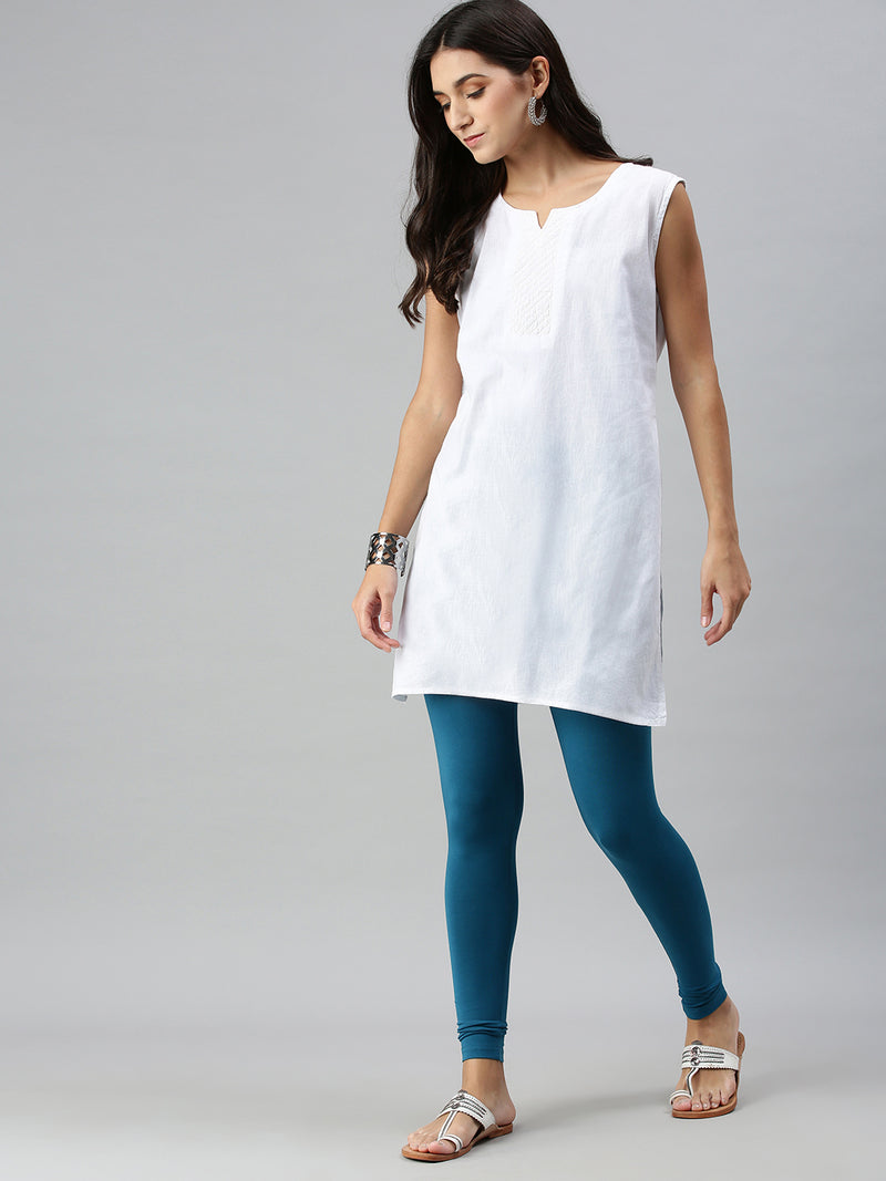 De Moza Ladies Ankle Length Leggings Solid Cotton Dark Teal - De Moza