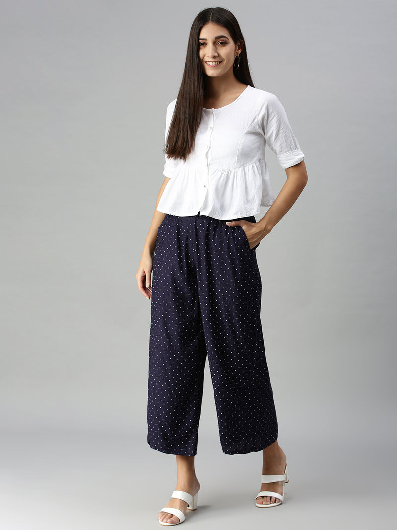 De Moza Ladies Printed Palazzo Rayon Navy Blue - De Moza