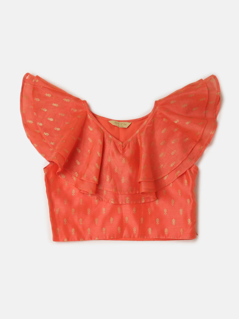 Pipin Girls Printed Lehanga Set Dark Coral