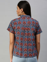 De Moza Women's Printed Half Sleeve Shirt Blue