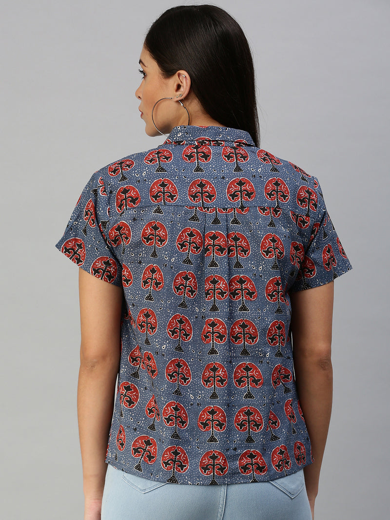 De Moza Women's Printed Half Sleeve Shirt Blue