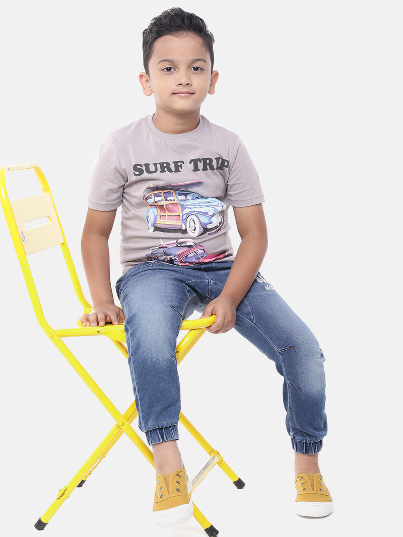 Kids - Boys Printed Half Sleeve T-Shirt Light Grey