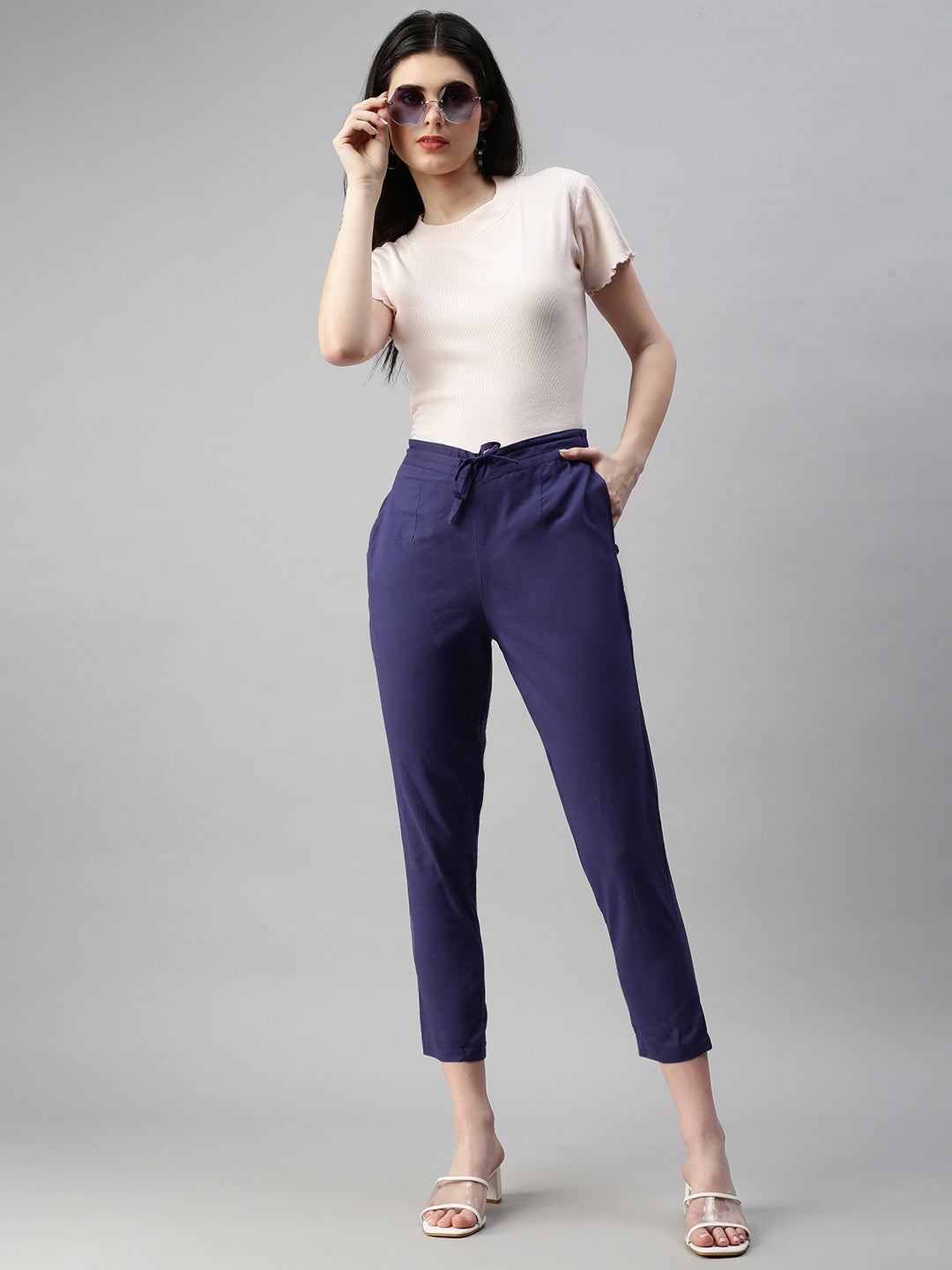 De Moza Women's Straight Pant Navy Blue