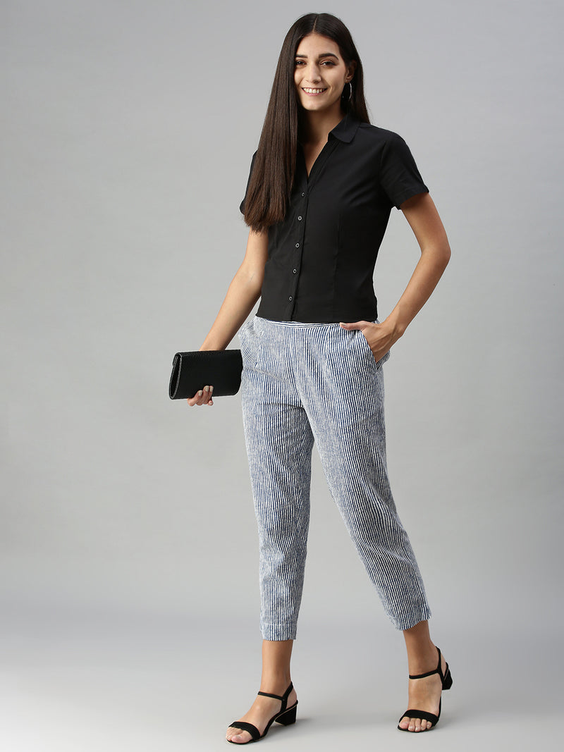 De Moza Ladies Printed Straight Pant Indigo Blue