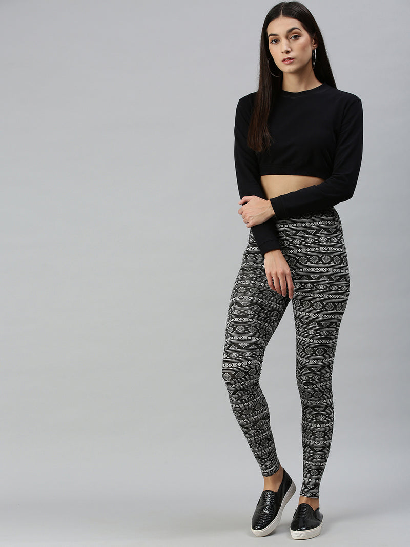 De Moza Ladies Printed Ankle Length Leggings Cotton Black - De Moza