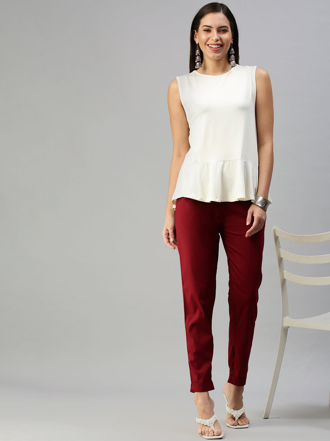 De Moza Women's Peplum Top Knit Top Solid Viscose OffWhite - De Moza