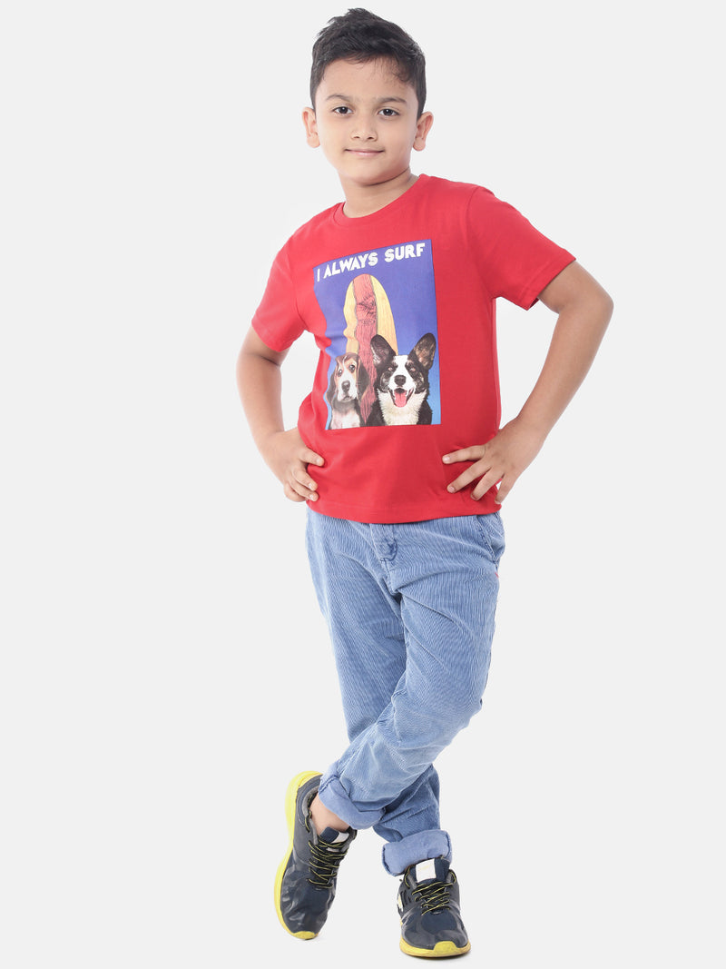 Kids - Boys Printed Half Sleeve T-Shirt Red