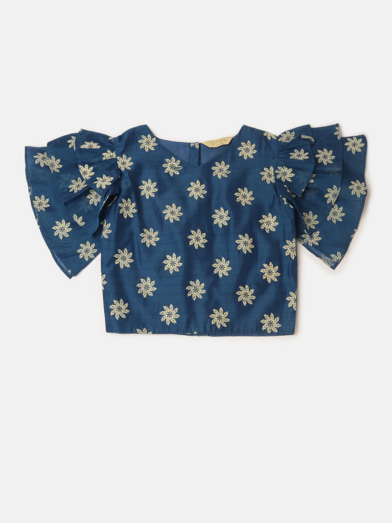 Pipin Girls Printed Lehanga Set Dark Blue