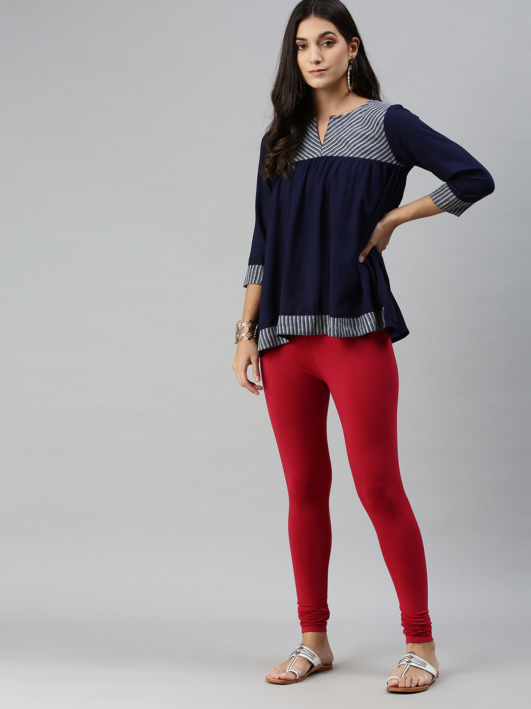 De Moza Ladies Churidar Leggings Solid Cotton Chilli Red - De Moza