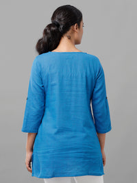 De Moza Womens 3/4Th Sleeve Kurti Solid Cotton King Fisher Blue - De Moza