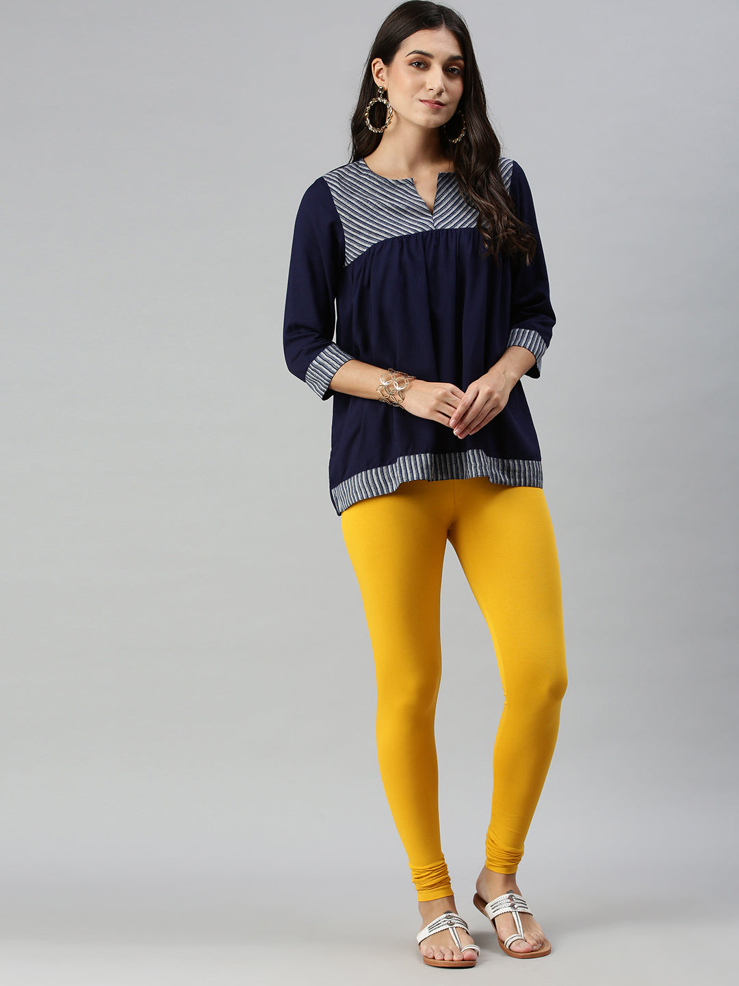 De Moza Ladies Churidar Leggings Solid Cotton Mustard - De Moza