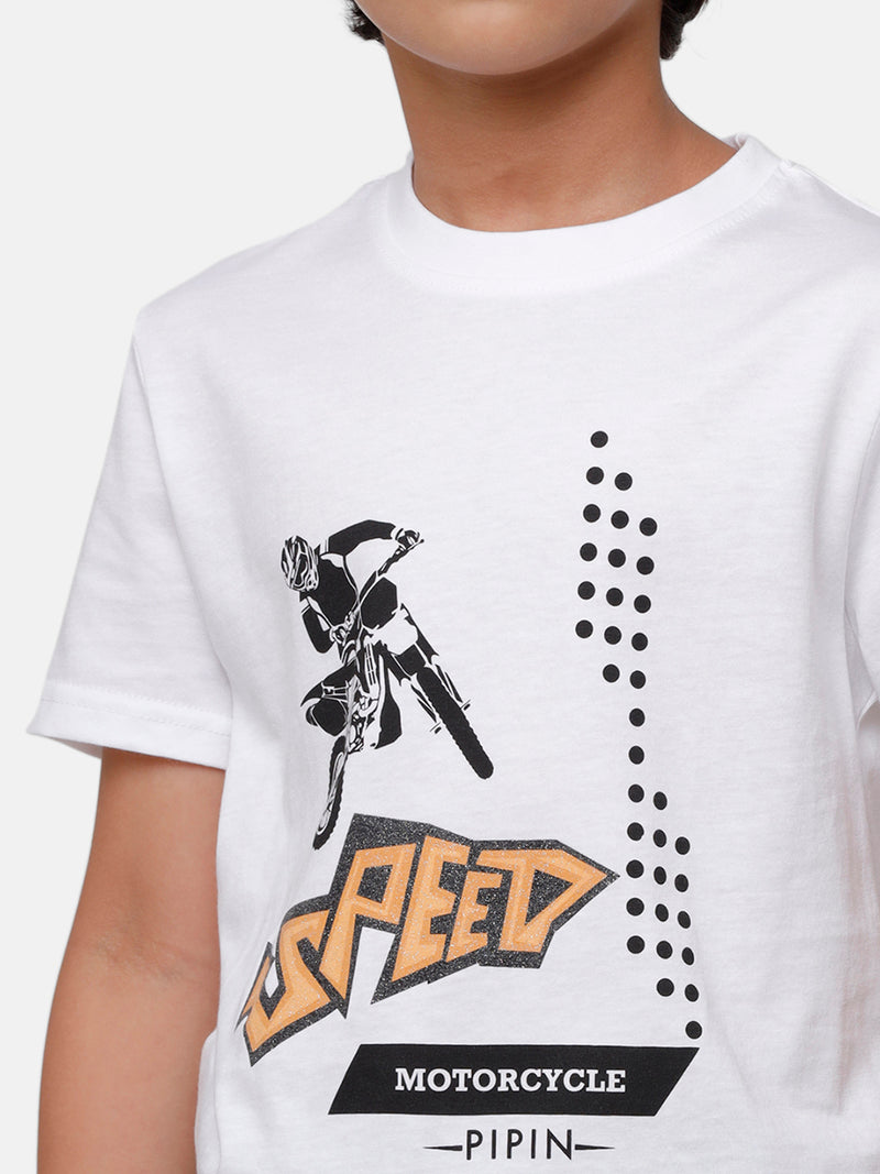 Kids - Boys Printed Half Sleeve T-Shirt White