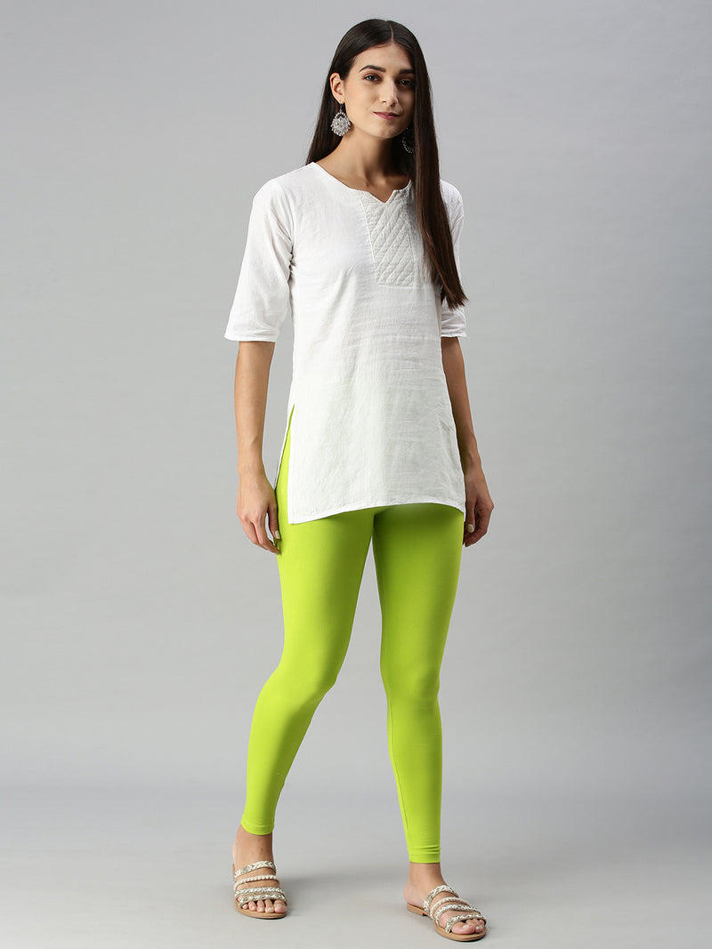 De Moza Women's Premium Ankle Length Leggings Solid Cotton Lime - De Moza
