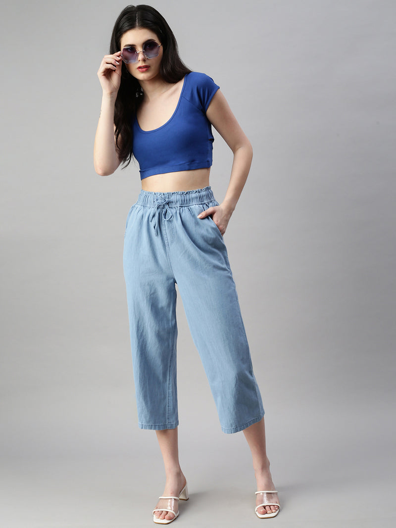 De Moza Ladies Crop Palazzo Mid Blue