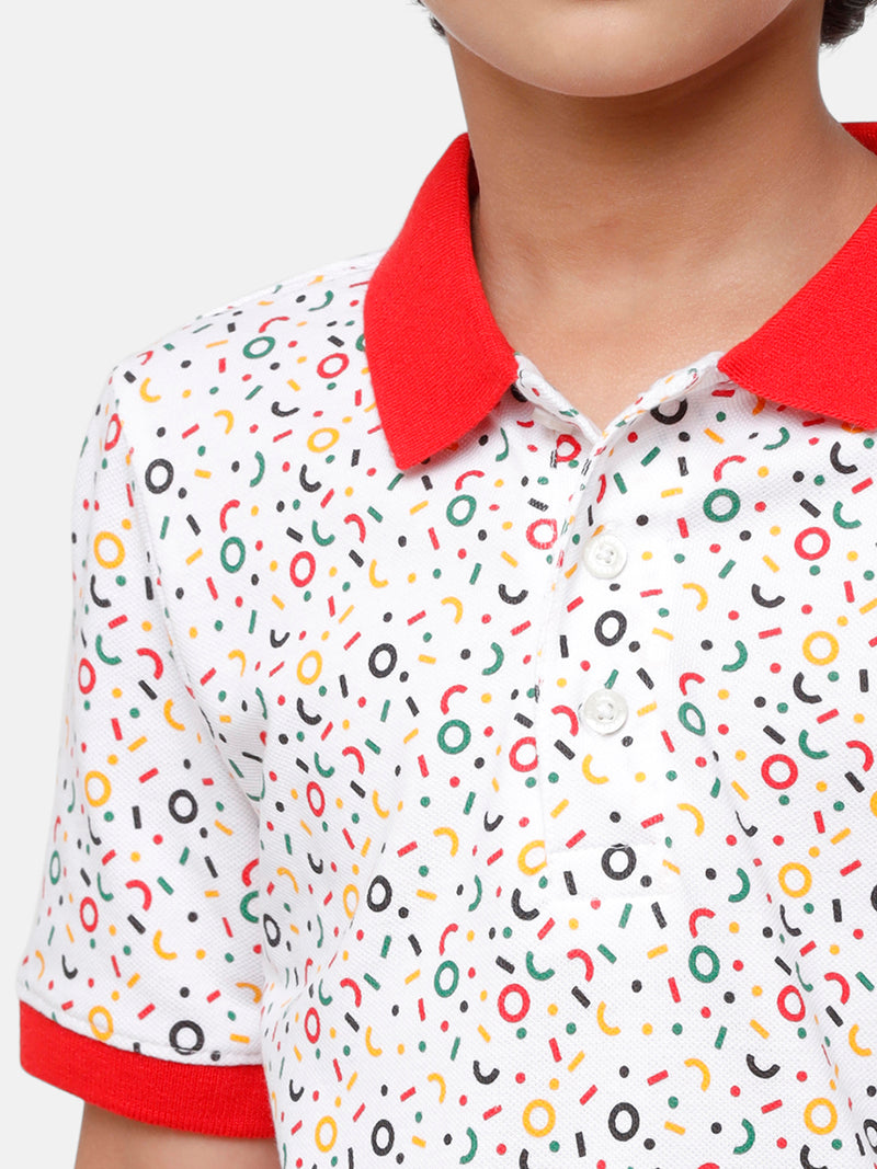 Kids - Boys Printed Half Sleeve T-Shirt White+Red