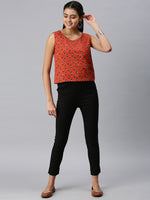 De Moza Womens Printed Crop Top Cotton Brick Red - De Moza