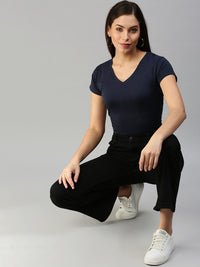 De Moza Womens Half Sleeve Knit Top Solid Cotton Dark Navy Blue - De Moza