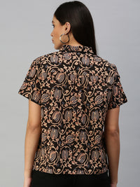 De Moza Women's Printed Half Sleeve Shirt Brown